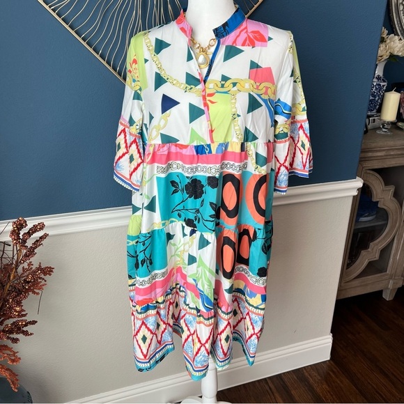 NWOT Colorful Geometric and Floral Dress - Size Large - Picture 2 of 7